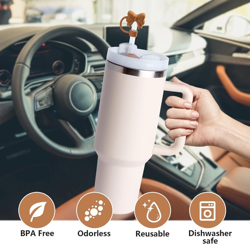 linmaya 6PCS Bow Straw Toppers, Cute Straws Covers for Stanley 30&40 Oz Tumbler with Handle, 10mm Dust-Proof Reusable Straw Toppers Accessories for Girls Kids (Black Brown Coffee) - Image 3